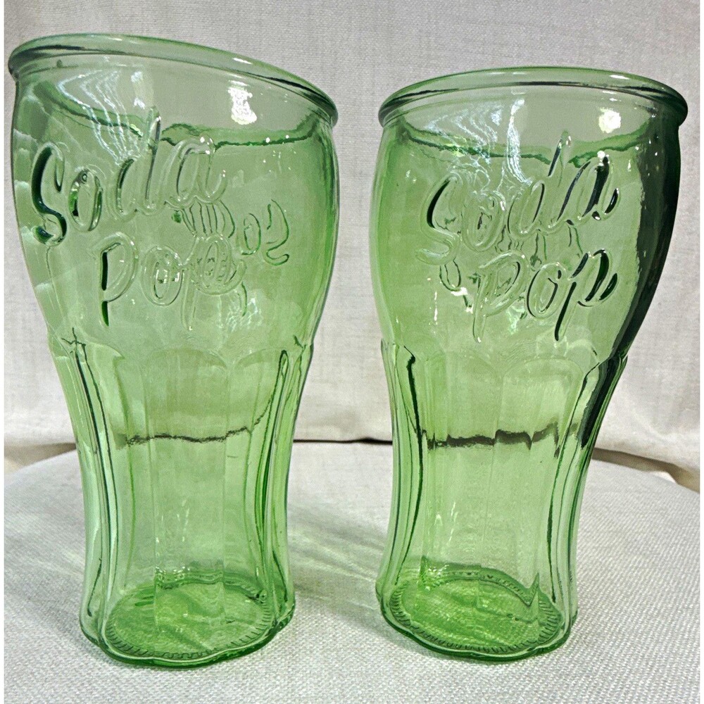 Set of 2 Green Glass Soda Pop Embossed Tumblers Drinking Glasses